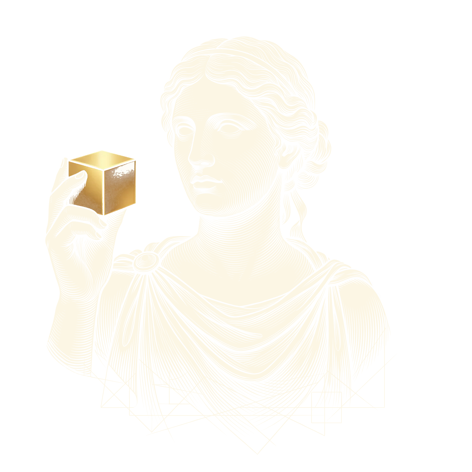 The emblem of Eureka Agent: an engraved marble bust of a woman mathematician, holding up a small gold cube and looking at it.