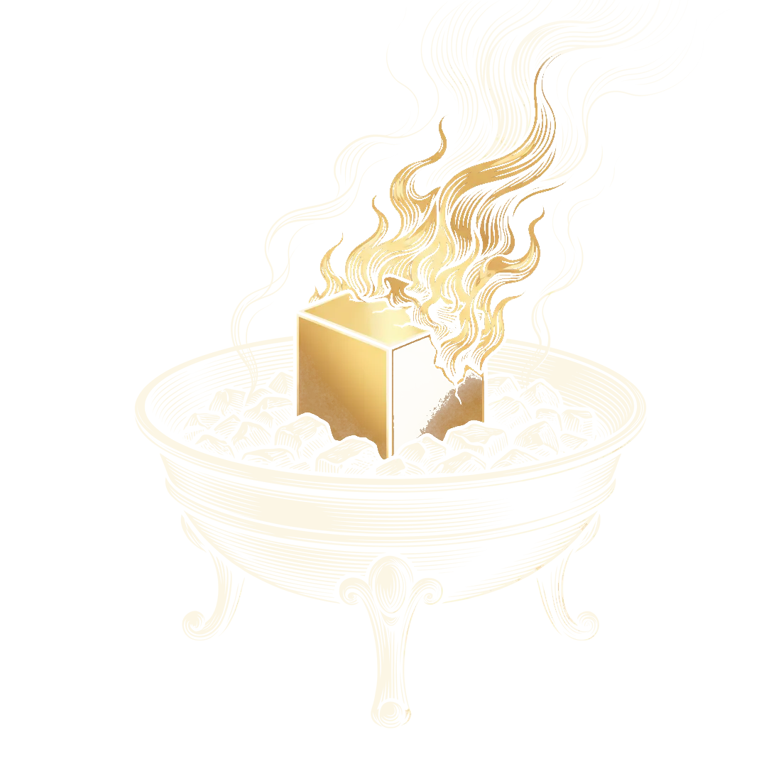 An engraving of a footed brazier in which a gold cube burns among the coals.