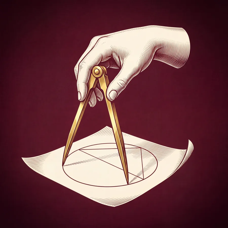 An engraving of a hand holding gold compasses over a sheet of paper, drawing a circle with triangles inside it.