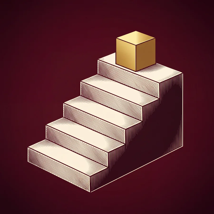 An engraving of a stone stair with a gold cube standing on the top step.
